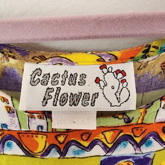 Vintage 90s Farm Cottage Cactus Flower Chicken Dress Maxi XL Purple Green - Picture 3 of 9